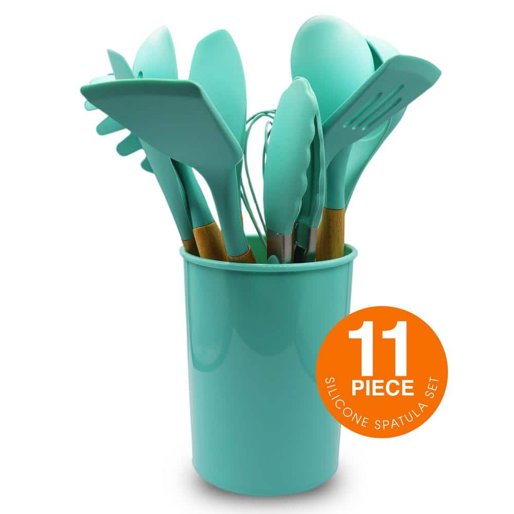 12-Piece Aqua Silicone Utensil Spatula Set with Wooden Handles - Hercitys