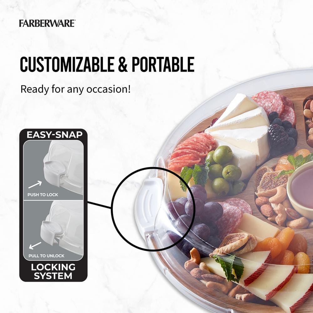 14 in. x 2.95 in. H Round Build-A-Board Cutting Board W/5 Compartments and Clear Locking Lid - Hercitys