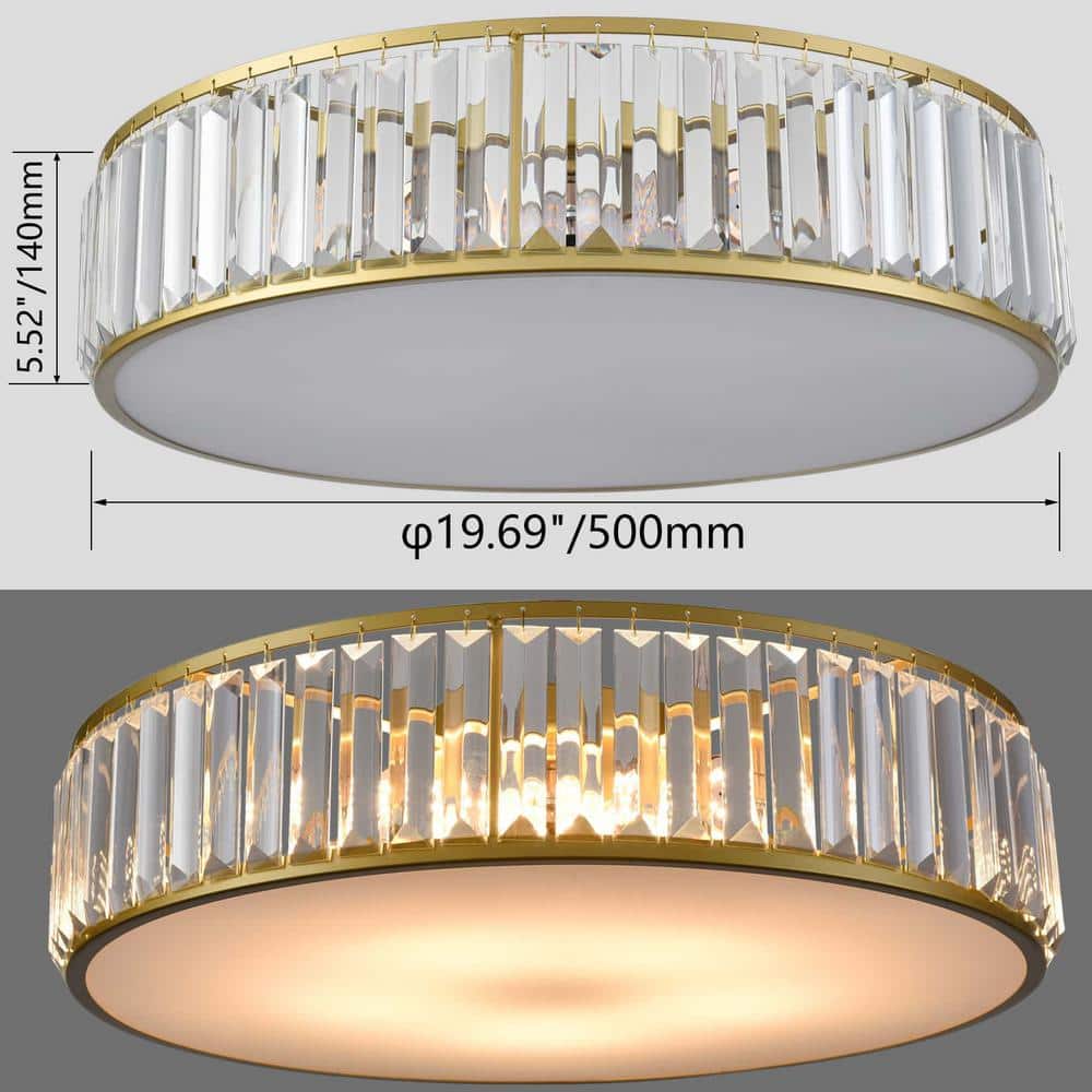 19.69 in. 5-Light Fixture Gold Finish Modern Flush Mount with Crystal Shade 1-Pack - Hercitys