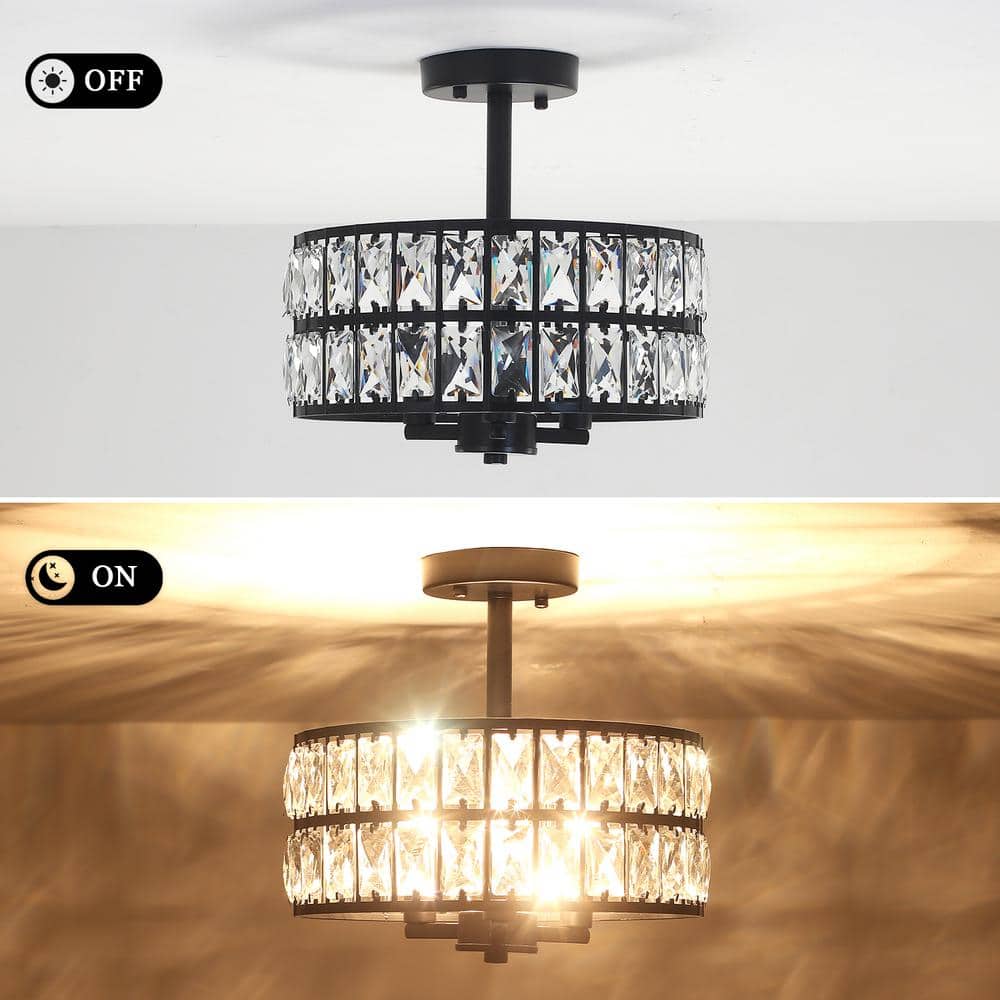 12.59 in. Koyal 3-Light Round Black Drum Chandelier Semi Flush Mount Ceiling Light with Clear Crystal Glass Drum Shade - Hercitys