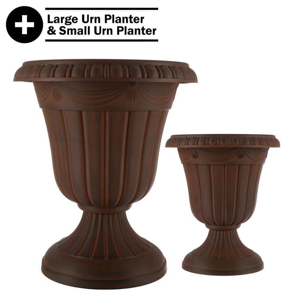 16 in. W x 18 in. H Plastic Large and Small Urn Planter 2-Pack, Brown - Hercitys