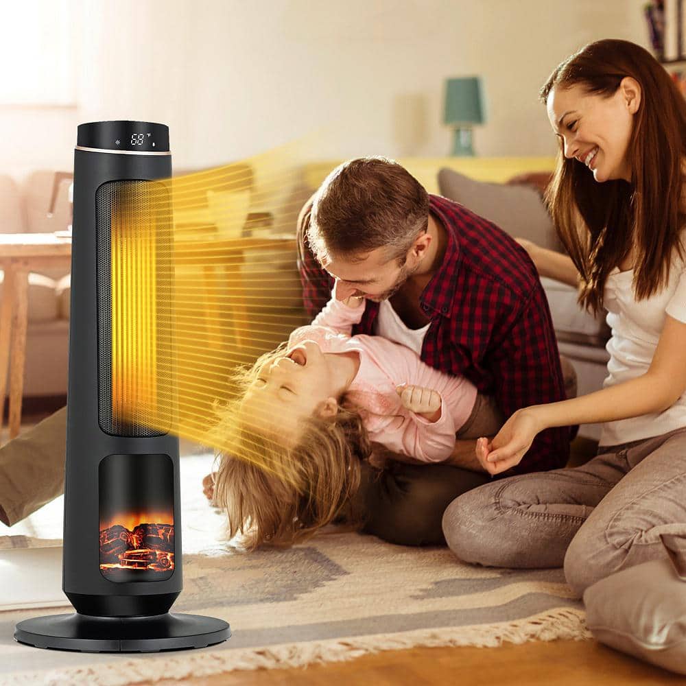 1500-Watt 30 in. Black Ceramic Electric Space Heater PTC Fast Heating 3D Realistic Flame - Hercitys