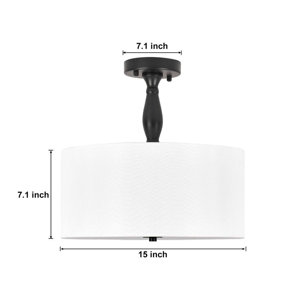 15 in. 3-Light Black Drum Dimmable Semi-Flush Mount Ceiling Light with White Fabric Shade and No Bulbs Include - Hercitys
