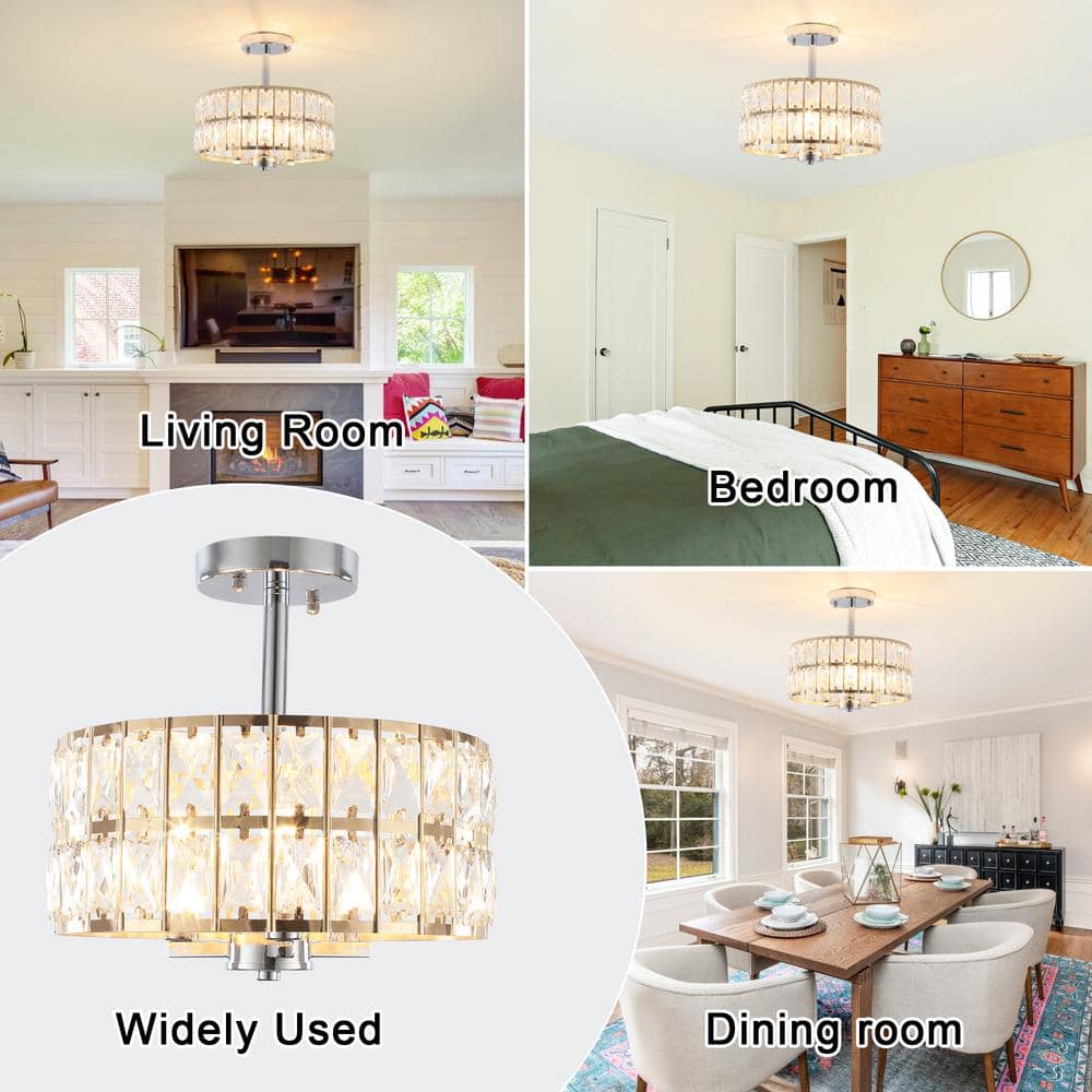 12.59 in. 3-Light Chrome and French Gold Modern Drum Semi-Flush Mount Light With Clear Crystal Glass Shade - Hercitys