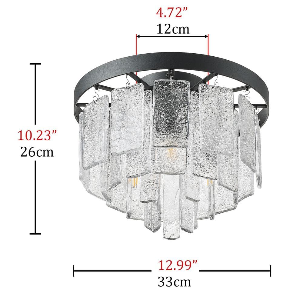 13 in. 3-Light Black Modern Flush Mount Close to Ceiling Light Fixture with Glass Shade - Hercitys