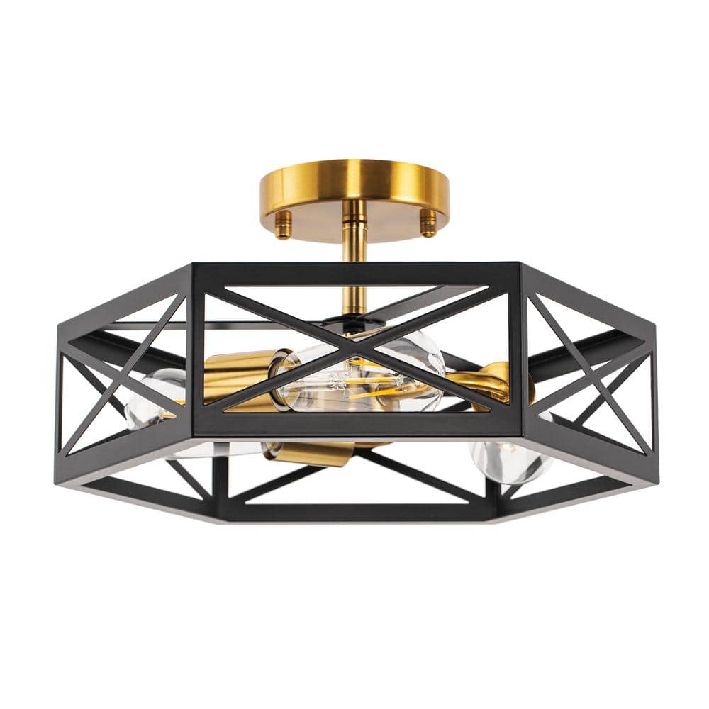 15 in. 3-Light Black Gold Flush Mount Modern Ceiling Light, Hallway Light Fixtures Ceiling Mount - Hercitys