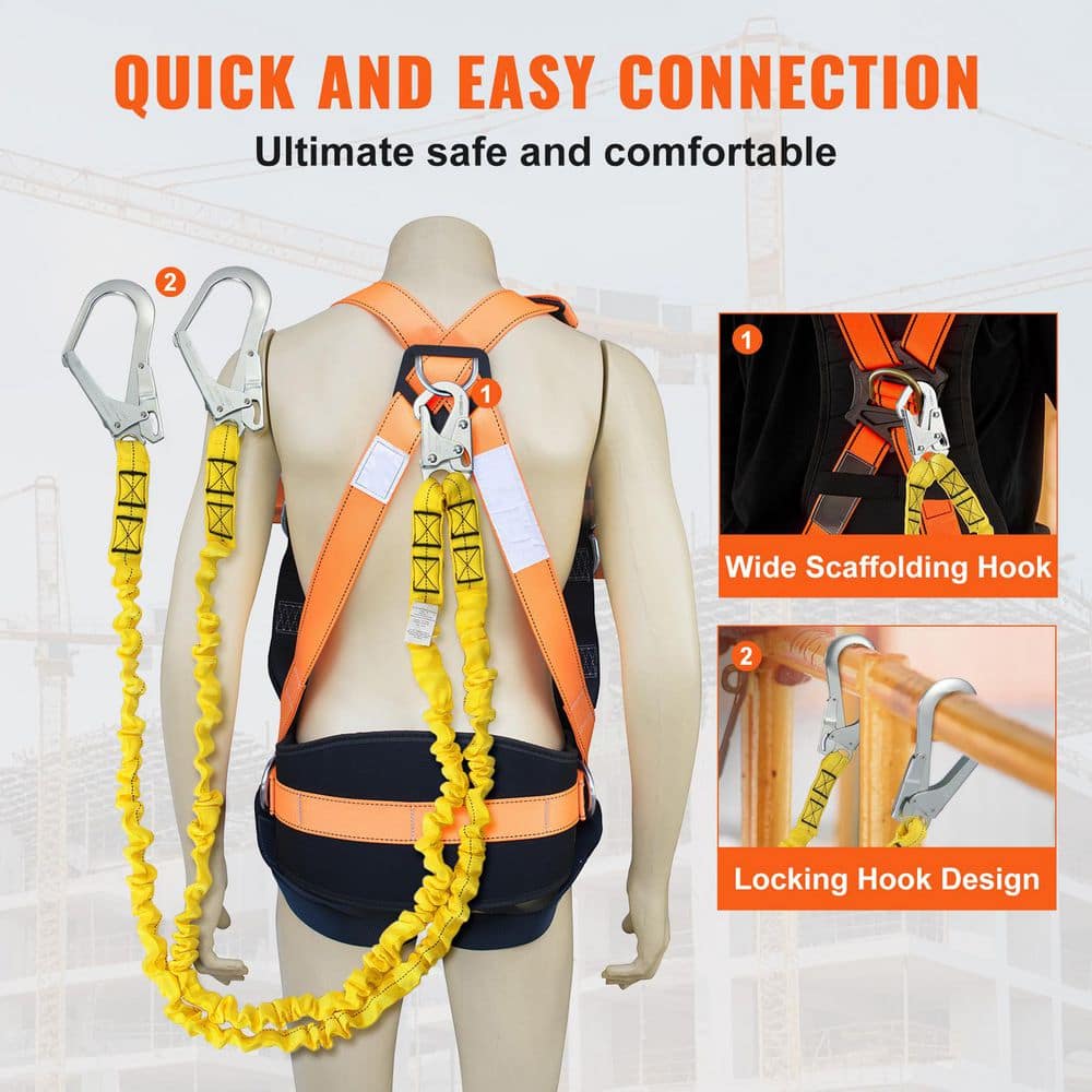 38mm Safety Lanyard, 6ft.(1.83m) Fall Protection Lanyard with 2 Alloy Steel Snap Hooks, Retractable Safety Belt, Yellow - Hercitys