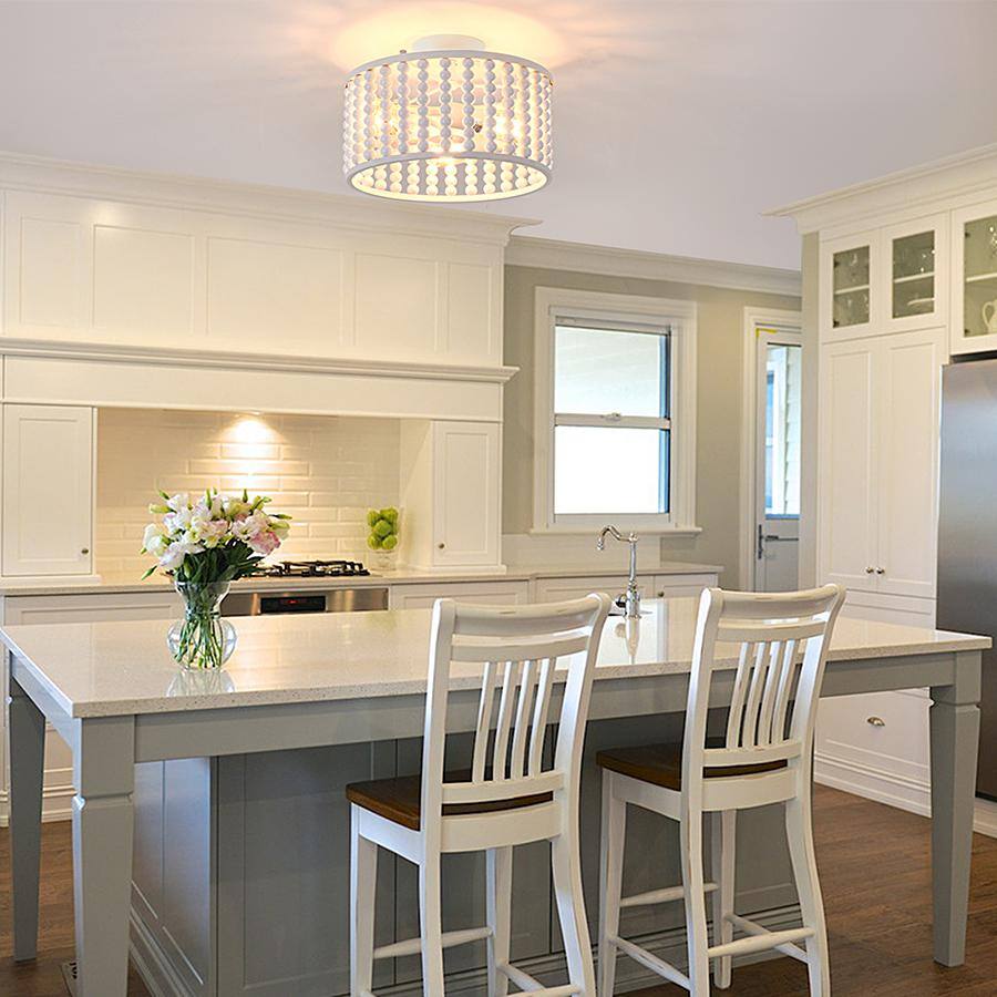 12.8 in. 3-Light White Semi Flush Mount Round Ceiling Light Fixture with Wood Bead and No Bulbs Included - Hercitys