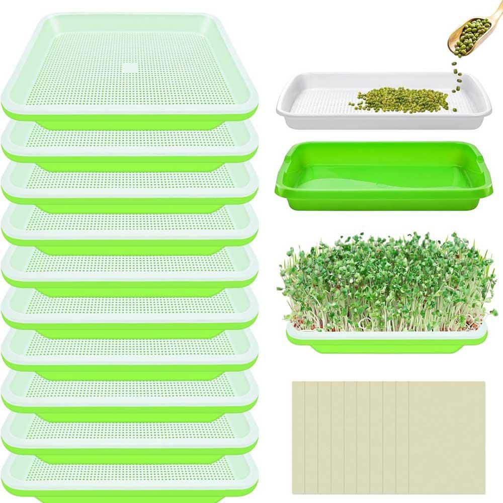 10 Pack Green Seed Sprouter Trays Soil-Free Germination Nursery Tray with Planting Paper for Indoor Outdoor Use - Hercitys