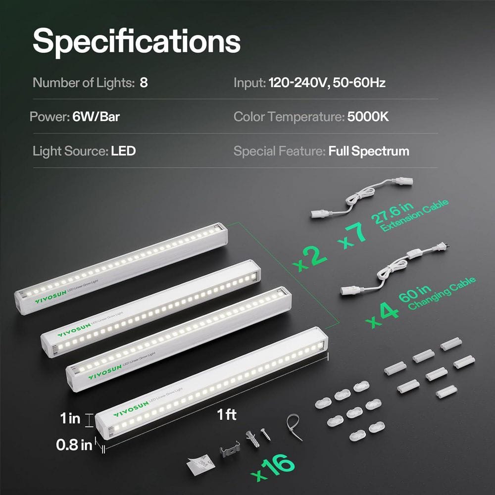 1 ft. 6W/Bar 5000K T5 Linear LED Grow Light, Full Spectrum, ‎Cool White (8-Pack) - Hercitys