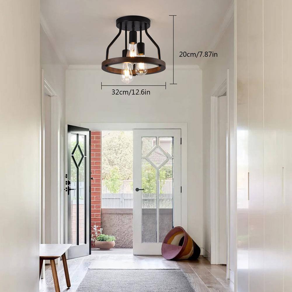 12.6 in. 3-Light Retro Farmhouse Simple Black Semi-Flush Mount Ceiling Light with Wooden Shade - Hercitys