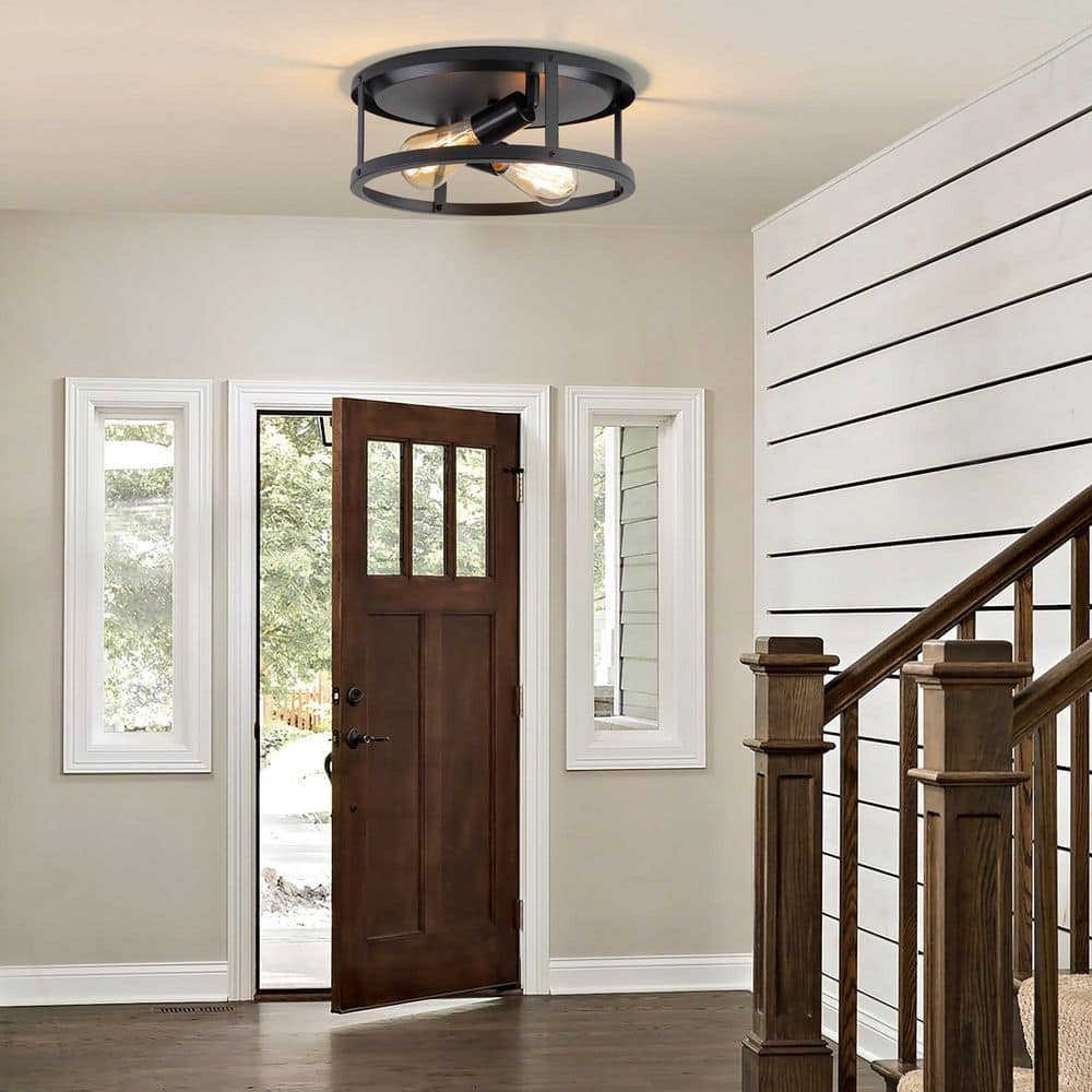 12.7 in. 2-lights Matte Black Flush Mount Ceiling Light Fixtures With Cage-style Straight Metal Frame (2-Pack) - Hercitys