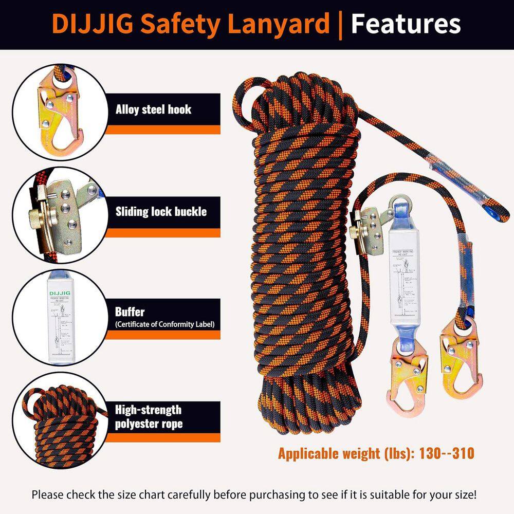 50 ft. Safety Lanyard Rope Harness Vertical Roofing Line Kit with Grab Snap Hooks Shock Absorber Fall Protection - Hercitys