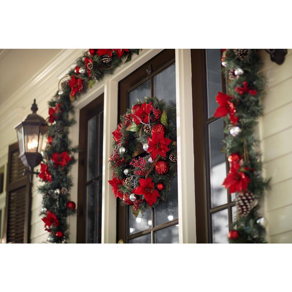 30 in. Red Poinsettia, Berries, Silver and Red Ball and Twig Pine Artificial Wreath - Hercitys