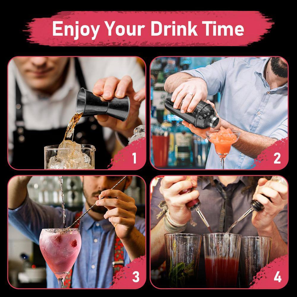 3 in 1 25 oz. Black Stainless Steel 1-Piece Cocktail Shaker with Measuring Jigger and Mixing Spoon - Hercitys