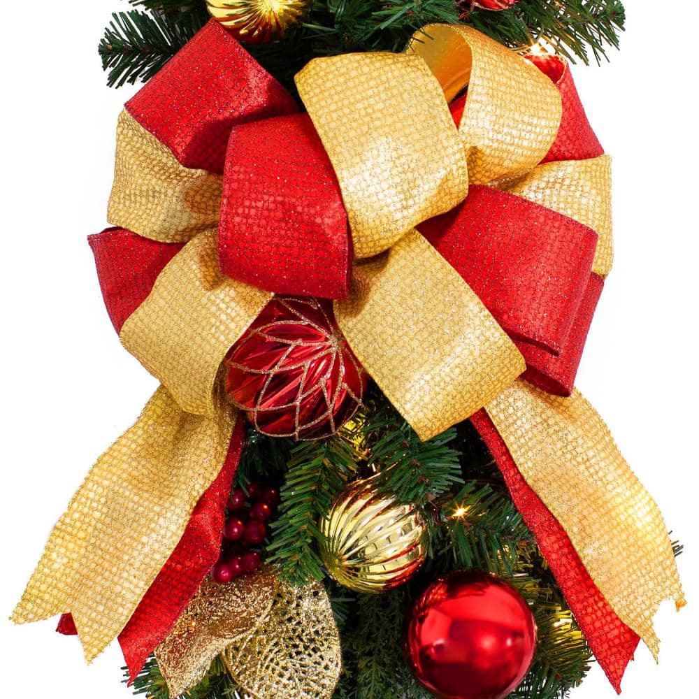 26 in. Battery Operated Pre-Lit LED Artificial Madison Staircase Swag with Red and Gold Bow - Hercitys