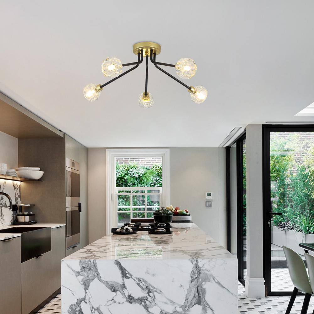 22.16 in. 5-Light Black/Gold Semi-Flush Mount with No Bulbs Included - Hercitys