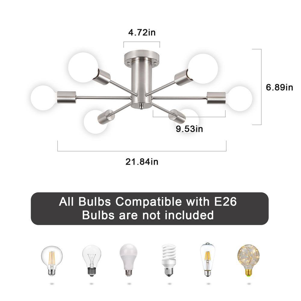 21.84 in. 6-Light Nickel Sputnik Transitional Flush Mount Ceiling Lights - Hercitys
