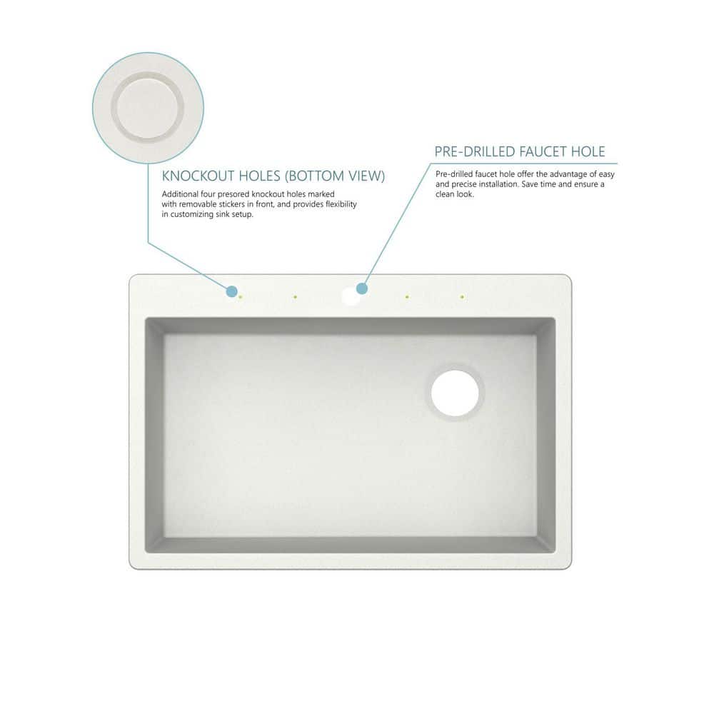 33 in. Drop-in/Undermount Single Bowl Quartz Kitchen Sink in White - Hercitys