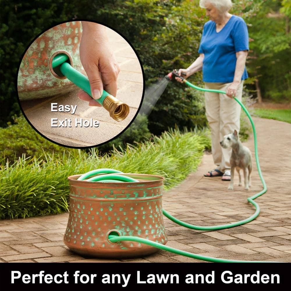 100 ft. Patina Steel Hammered Hose Pot Garden Hose Reel - Hercitys