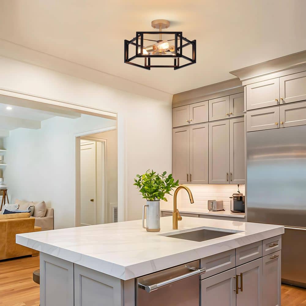 18.11 in. 3 Light Black and Gold Modern Farmhouse Hexagon Semi-Flush Mount Ceiling Light - Hercitys