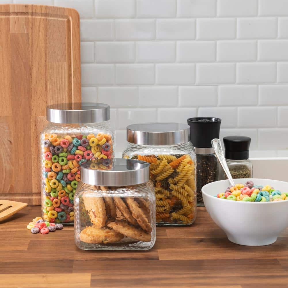 3-Piece Square Glass Jars Canisters Set with Silver Lids, Clear - Hercitys