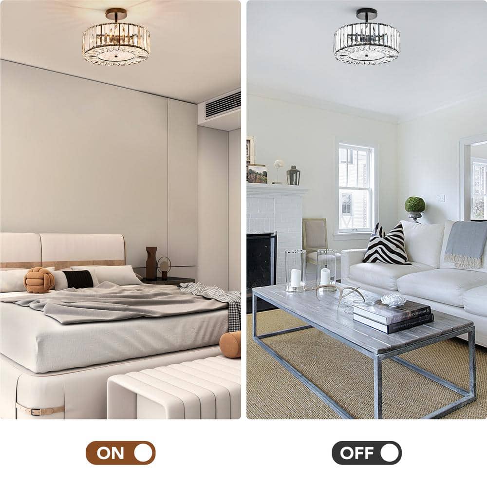 15 in. 4-Light Black Crystal Semi Flush Mount Ceiling Light With Clear Glass Shade - Hercitys