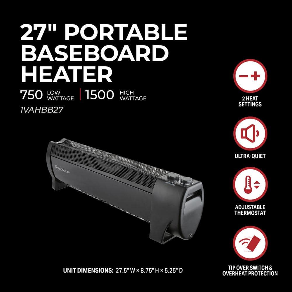 27 in. 750-Watt/1500-Watt Convection Baseboard Electric Heater with Wire Heating Element - Hercitys