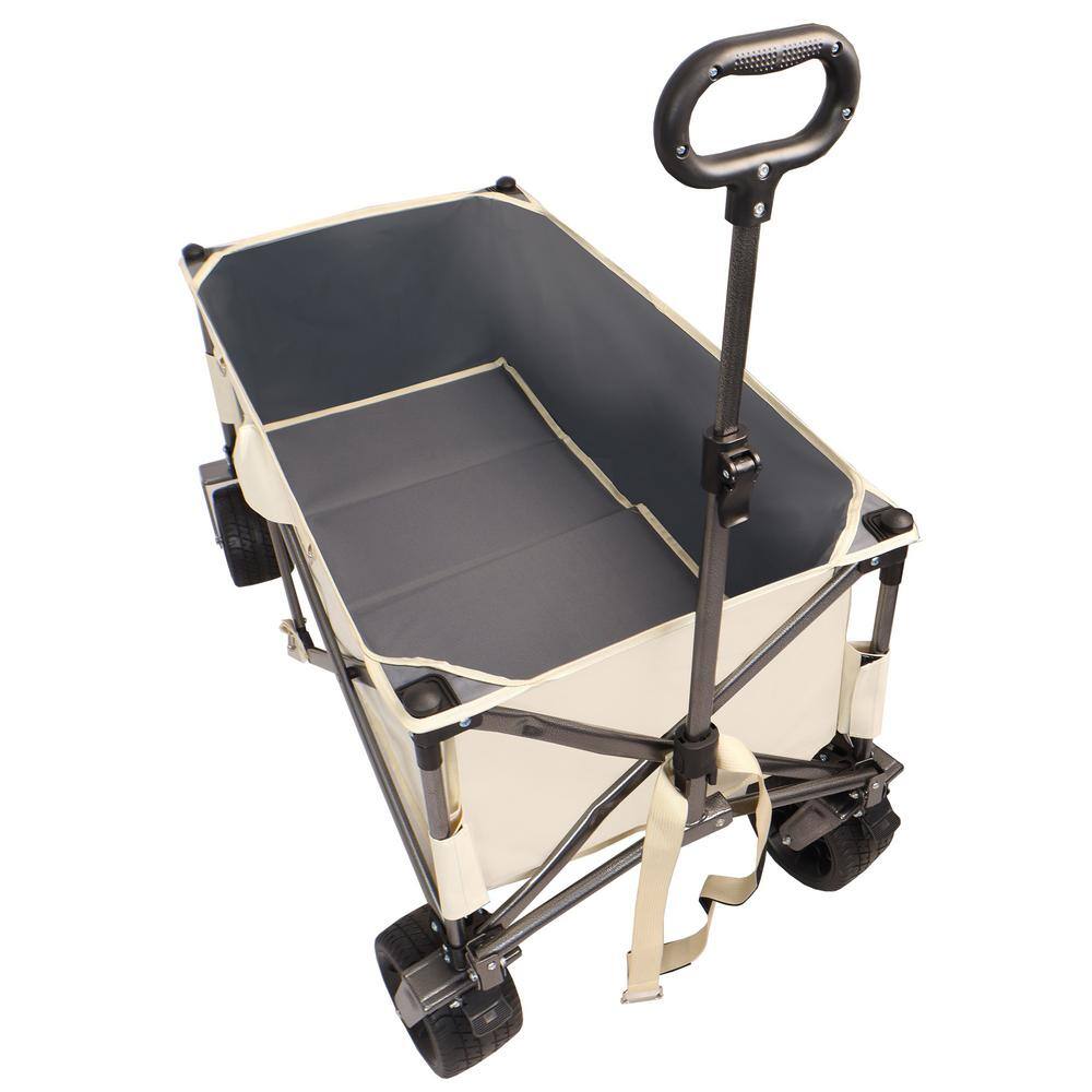 29 cu. ft. Antique White+Gray Steel Folding Wagon, Adjustable Handle & Drink Holders-Convenient Folding Garden Cart - Hercitys