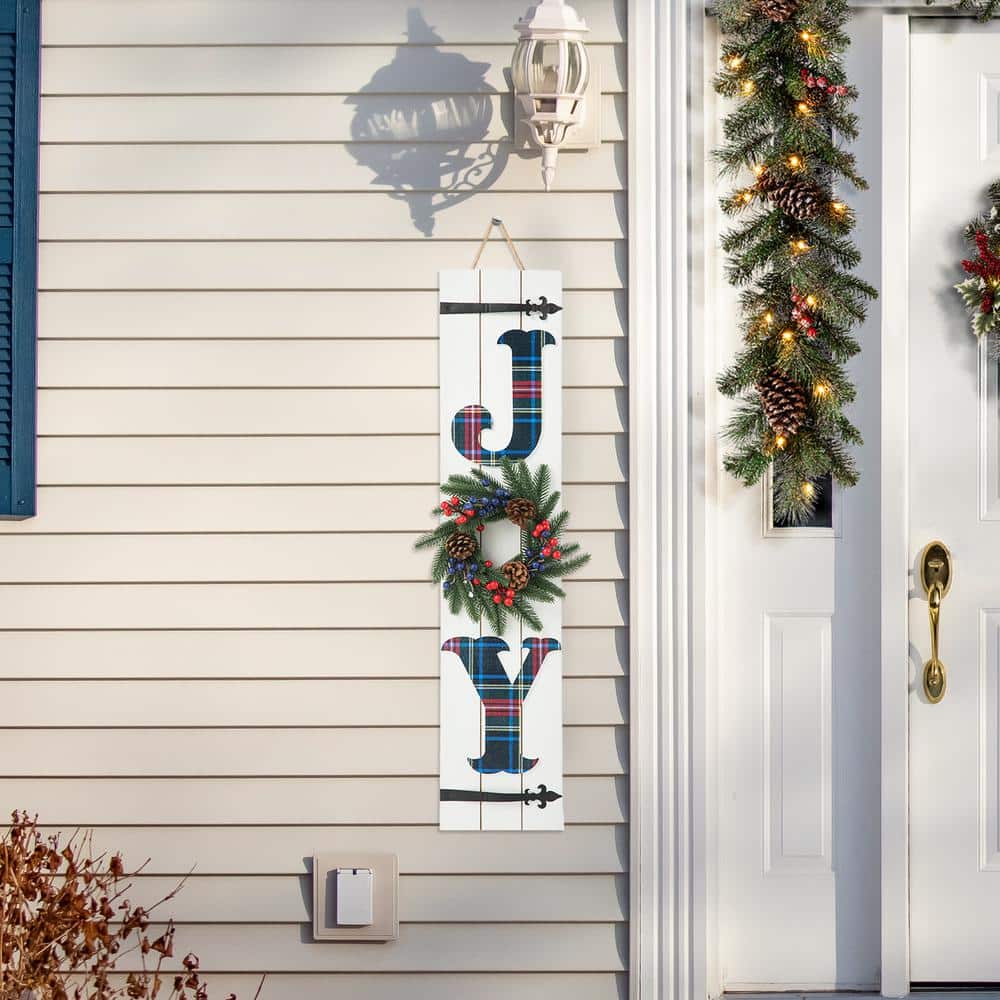 36 in. H Wood Plaid “JOY” Porch Decor w/Wreath - Hercitys