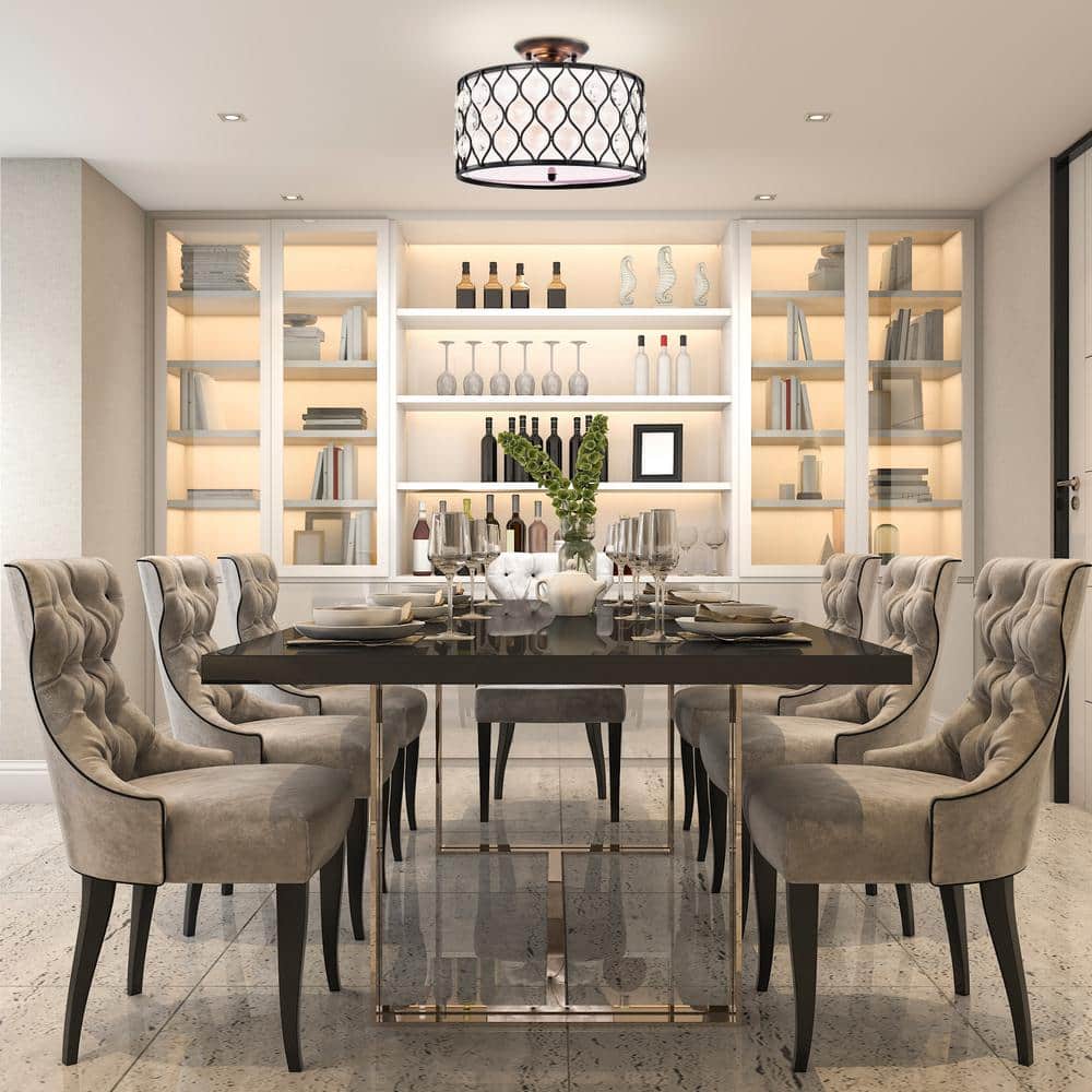 14 in. 3-Light Antique Black Finish Semi Flush Mount Chandelier with Crystal Spheres - Hercitys