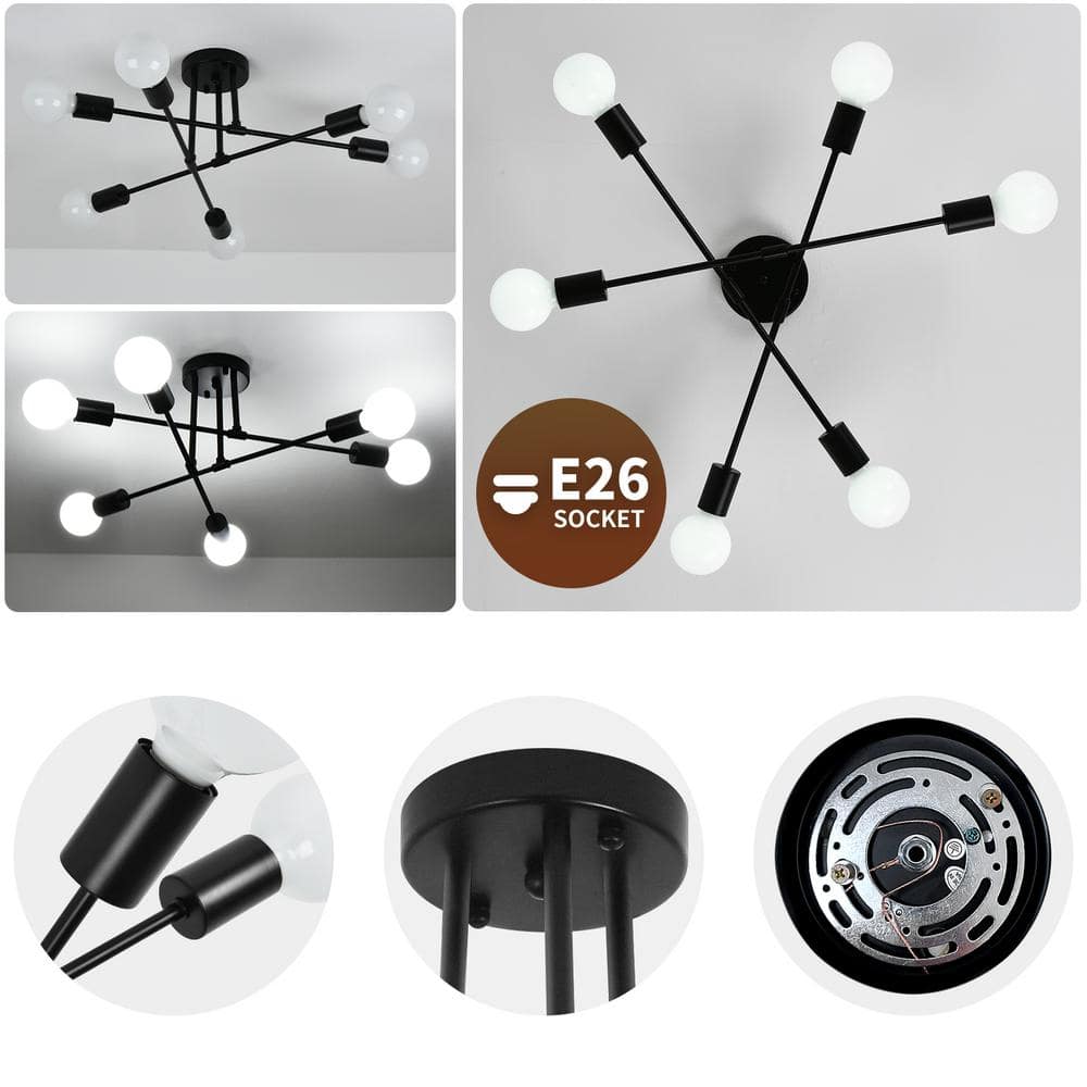 21.65 in. 6-Light Matte Black Modern/Industrial Branch Kitchen Island Semi-Flush Ceiling Light - Hercitys