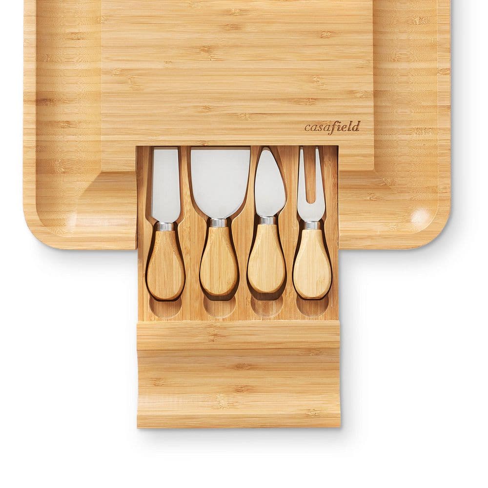 12.5 in. Traditional Natural Brown Bamboo Cheese Board and Charcuterie Gift Set with Cheese Knives - Hercitys