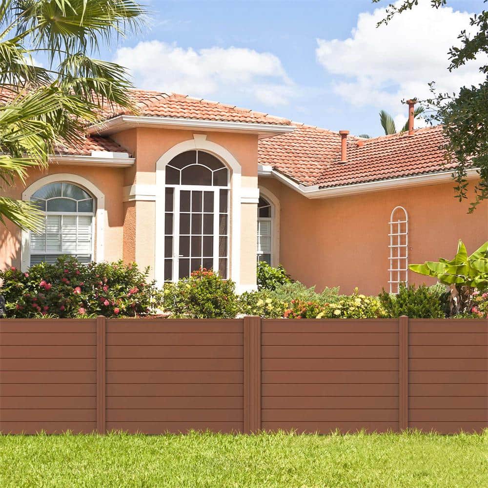 37.5 in. Plastic Garden Fence Screen Panel Kit with 3-Ground Stakes in Brown (Set of 2) - Hercitys