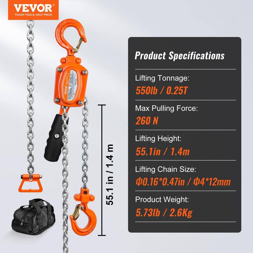 1/4 Ton 550 lbs. Manual Lever Chain Hoist 5 ft. Long Chain Hoist with 360° Rotation Hook and Double-Pawl Brake - Hercitys