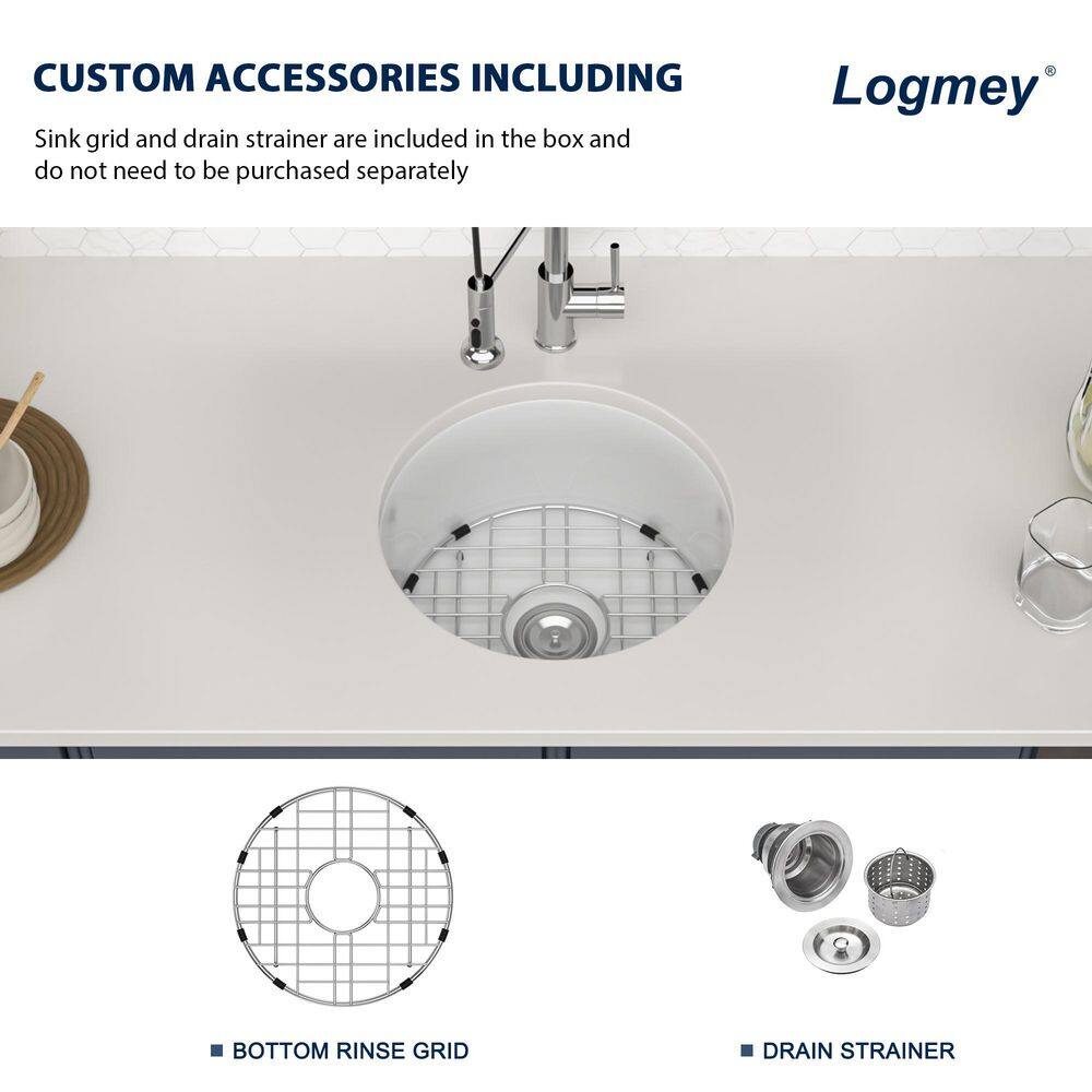 18 in. White Fireclay Round Single Bowl Undermount Drop-in Bar Sink with Grid and Drain - Hercitys