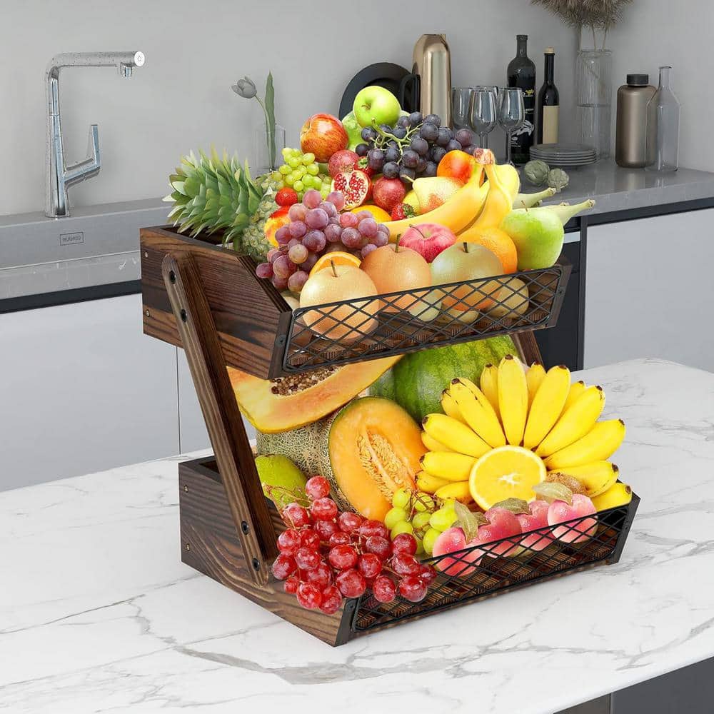2-Tier Fruit Bowl Wooden Holder for Kitchen Countertop, Bread, Fruit and Vegetable Storage Basket Stand in Rustic Brown - Hercitys
