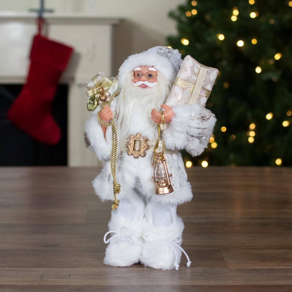 12 in. Standing Santa Christmas Figure Dressed in Plush Winter White and Gold - Hercitys