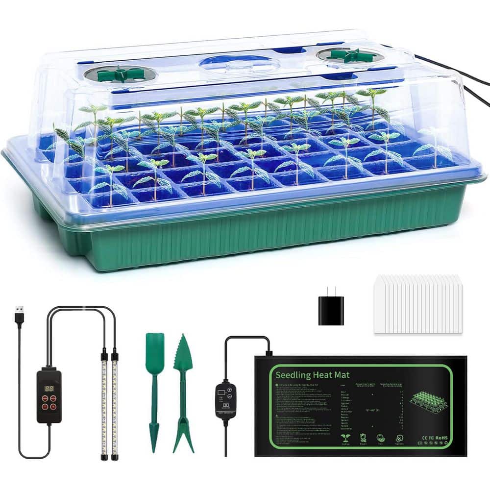 40 Cell Seed Starter Kit with Grow Light and Graphene Heating Mat, Reusable Tray with 4.7 in. Humidity Domes - Hercitys