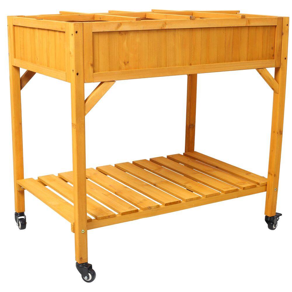 36 in. x 24.2 in. x 34.6 in. Elevated 8 Pocket Herb Wood Raised Garden Bed, Mobile Raised Wood Planter, Brown - Hercitys
