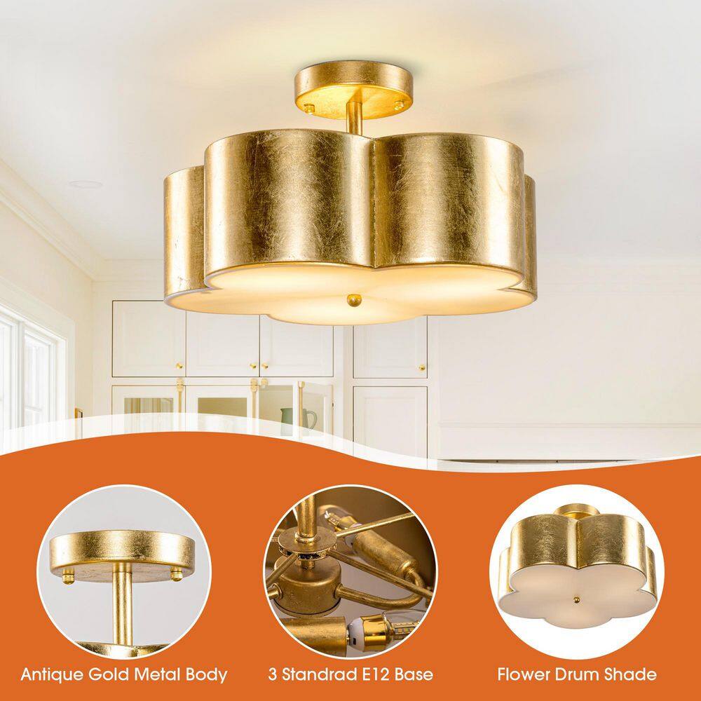 15.35 in. 3-Light Gold Metal Flower Semi Flush Mount Ceiling Light Fixture - Hercitys