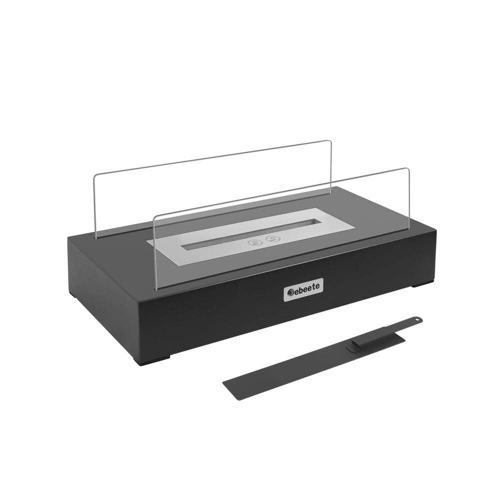 13.7 in. x 5.5 in. Bio-Ethanol Ventless Fireplace in Glass/Black Metal for Indoor/Outdoor, Smokeless Tabletop Fire Pit - Hercitys