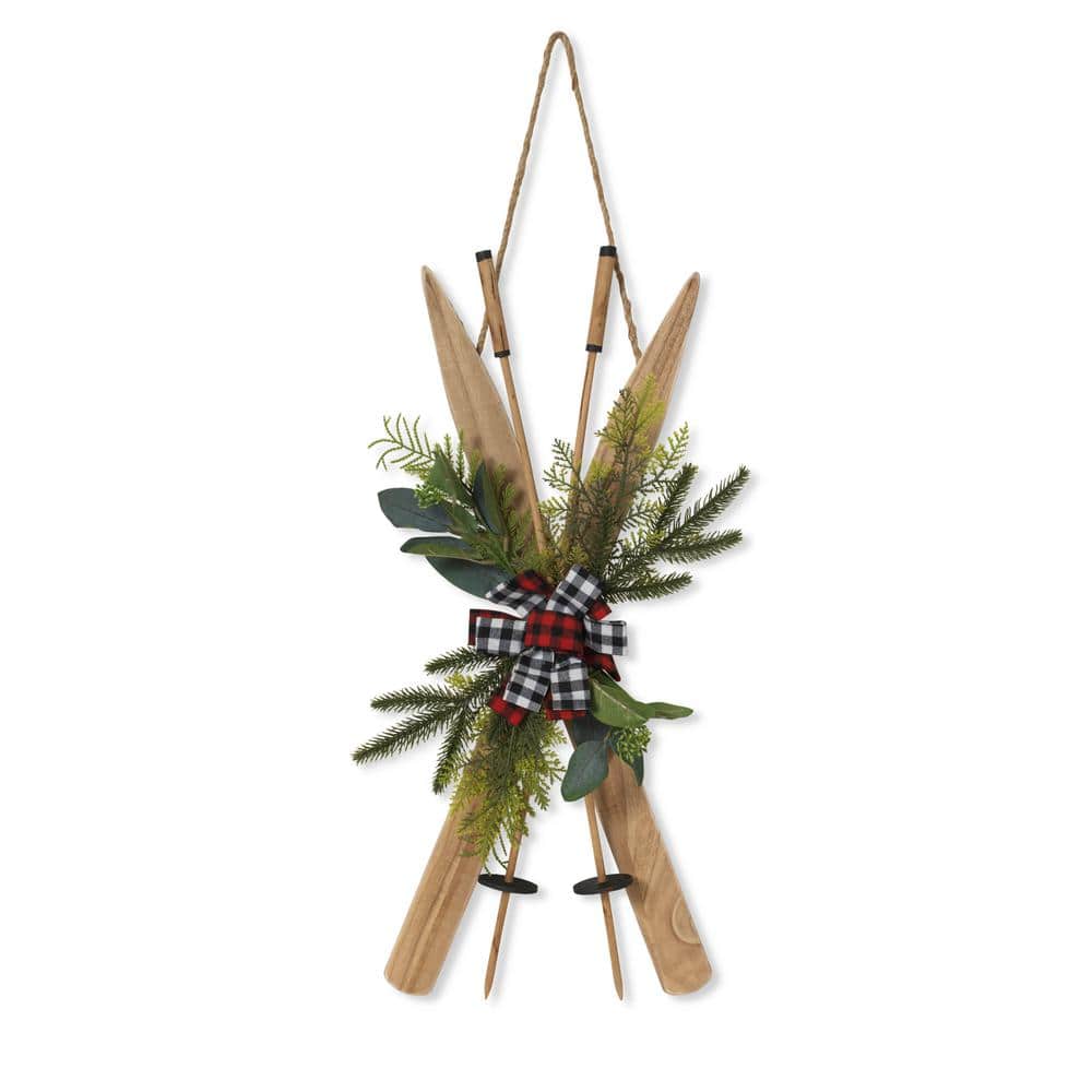 26 in. H Wood Ski Wall Hanging w/Floral & Fabric Bow Accent - Hercitys