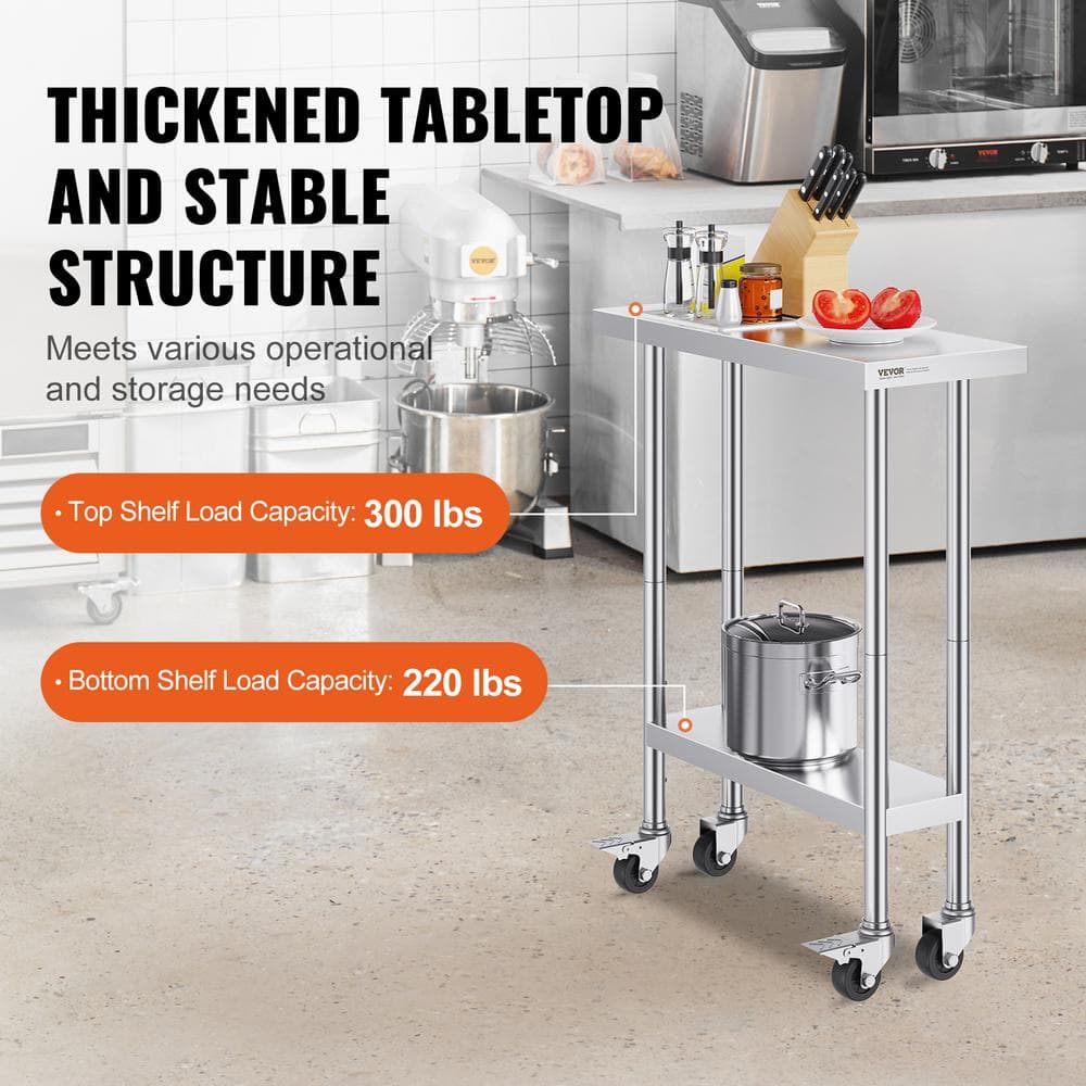 30 x 12 x 38 in. Stainless Steel Commercial Kitchen Prep Table with 4 Wheels 3 Adjustable Height Levels Silver - Hercitys