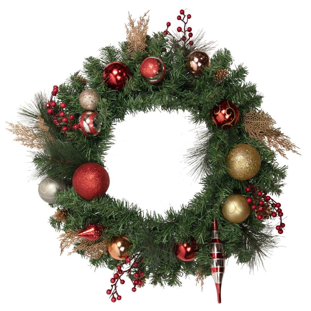 30 in. Green Mixed Foliage and Ornaments Unlit Artificial Christmas Wreath - Hercitys