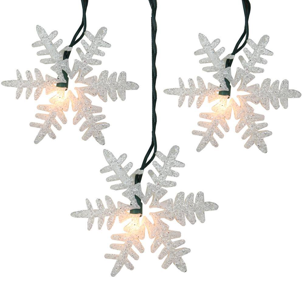 10-Count White Glittered Snowflake Christmas Light Set 6 ft. Green Wire - Hercitys