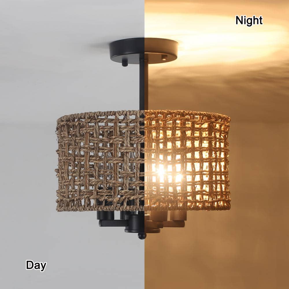 11.8 in. 4-Light Black Farmhouse Drum Semi-Flush Mount Ceiling Light Fixture with Hand Woven Shade - Hercitys