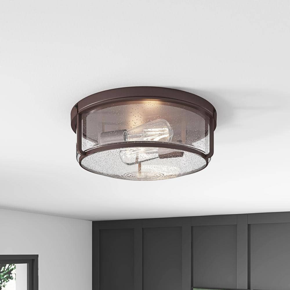 14.17 in. 2-Light Industrial Oil Rubbed Bronze Flush Mount Ceiling Light Fixture with Glass Shade - Hercitys