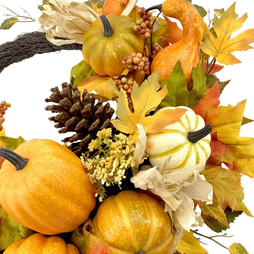 22 in. Fall Pumpkin, Leaves and Pinecone Wreath - Hercitys