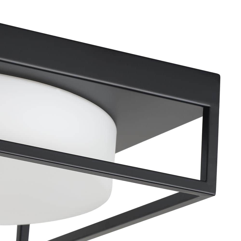 13 in. 2-Light Industrial Black Flush Mount Farmhouse Close to Ceiling Light Fixture with White Glass Shade - Hercitys